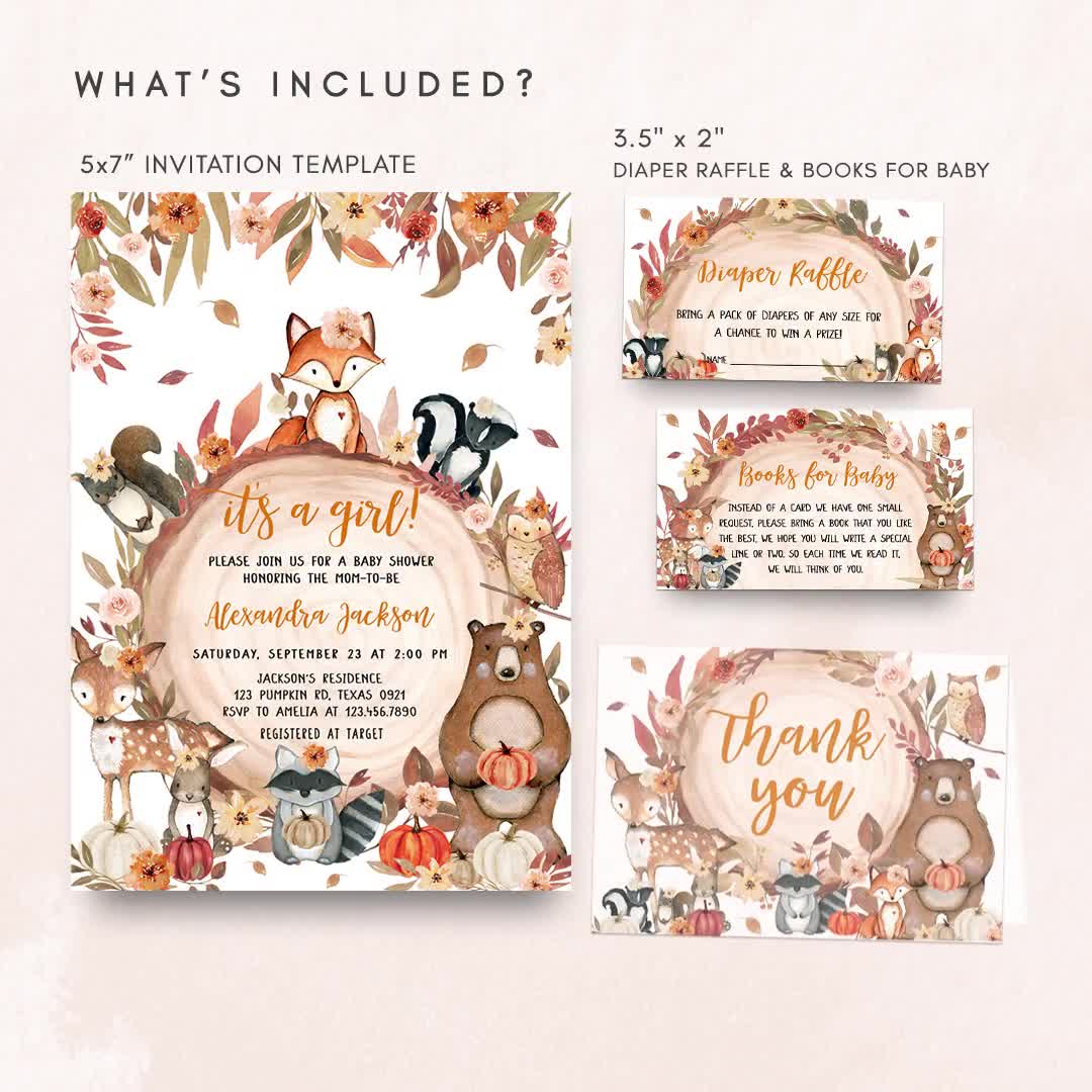 Editable Fall Woodland Baby Shower Invitation Bundle, Floral Pumpkin  Woodland Baby Shower Invite Set, Girl Autumn Forest Animals Invite 0407