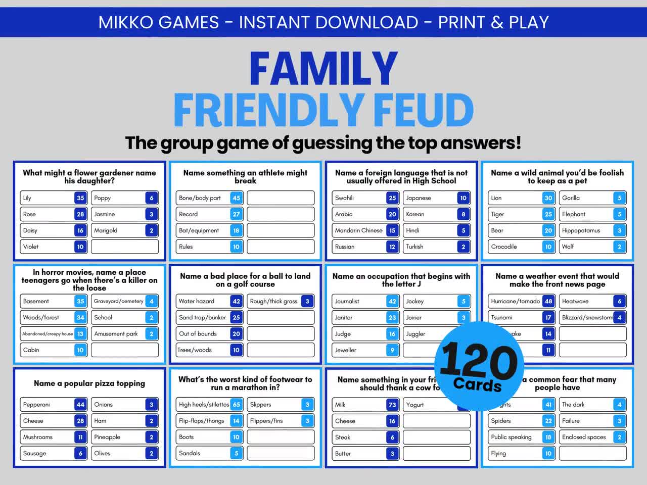 Family Friendly Feud: Printable Large Group Party Game for Kids & Adults,  Family Feud Trivia Questions and Cards for Family Game Night