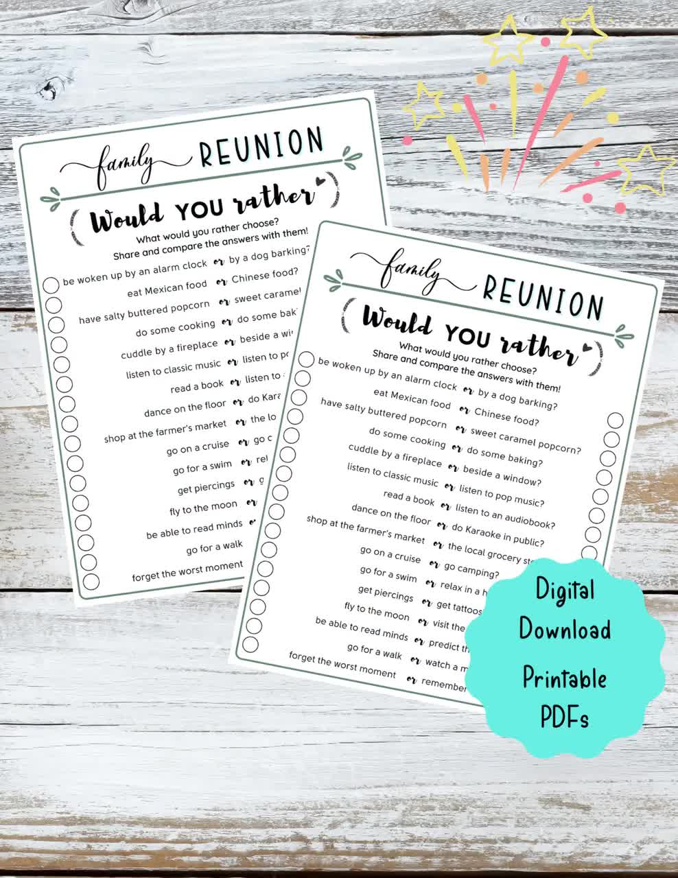 Printable Would You Rather Game Family Reunion Party 