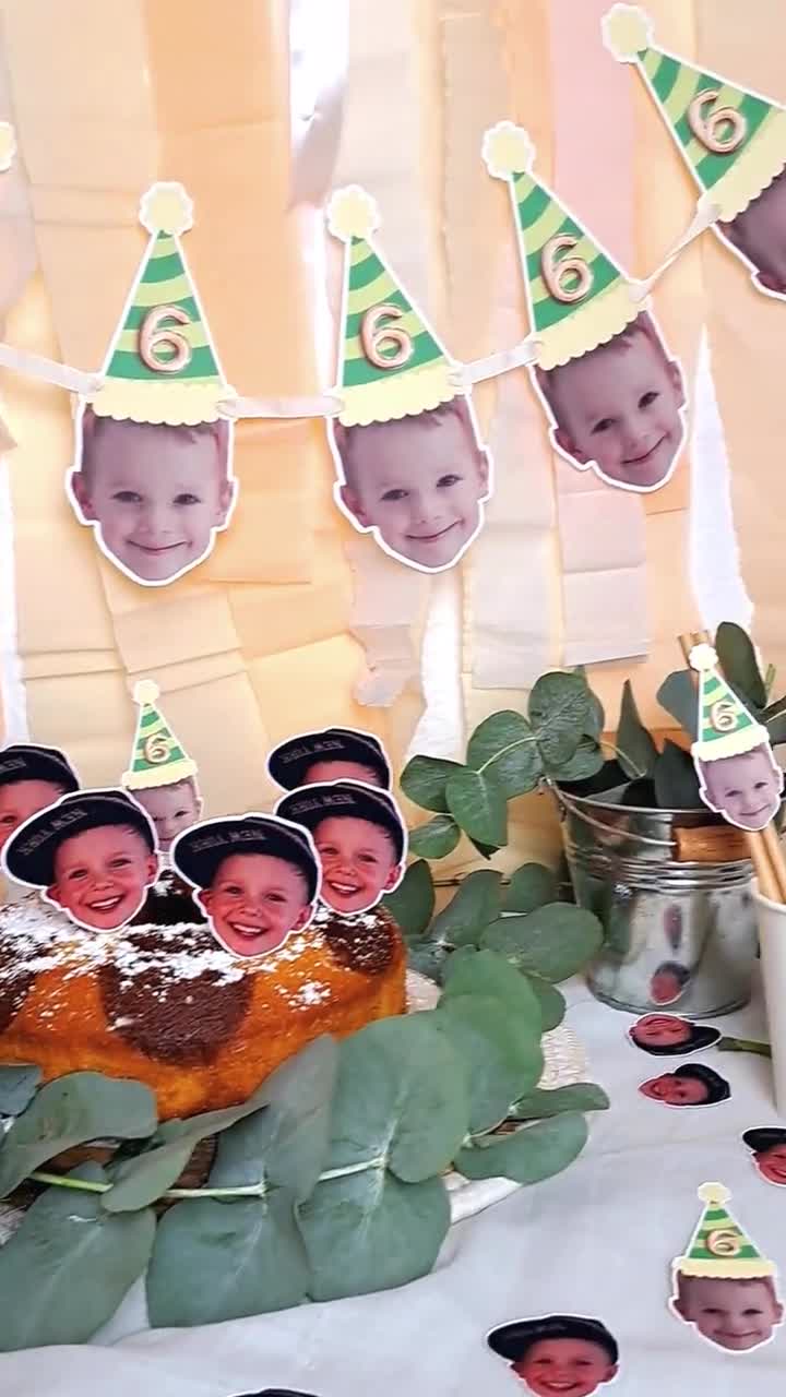 Pancarta personalizada con cara y confeti con edad y gorro de fiesta, decoración para fiestas de cumpleaños, decoración Let's Party, para todas las edades. video poster