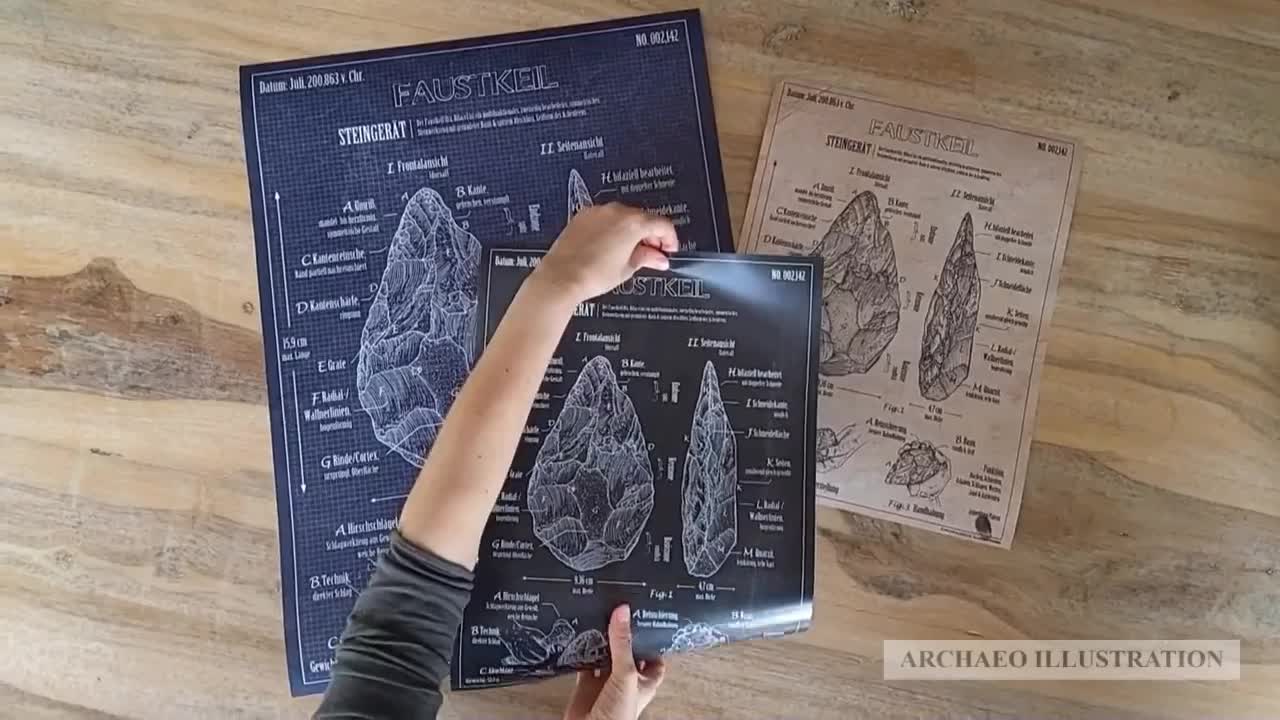 Machado de mão da Idade da Pedra - Ilustração arqueológica em estilo de impressão de patente vintage - Impressão artística histórica como decoração de parede, pôster video poster