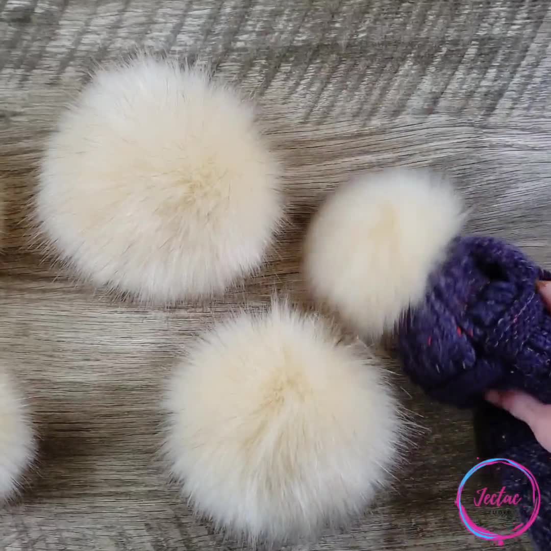 Natural Look Faux Fur Cream Pom Poms With Snaps for Crochet Crafts