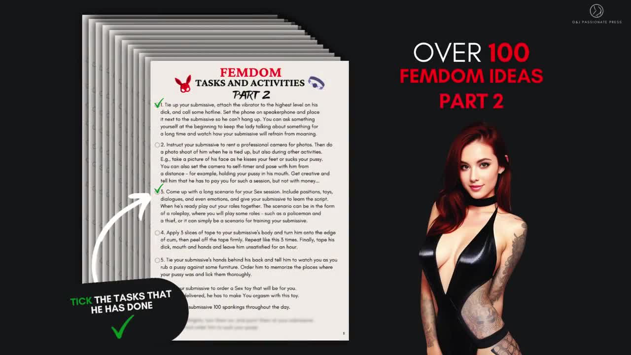 Femdom Tasks PART 2 - 100+ Sex Ideas for Submissive Man. Kinky BDSM  Humiliation Ideas for Dominatrix and Mistress. Sexy Gift & Game for Him.