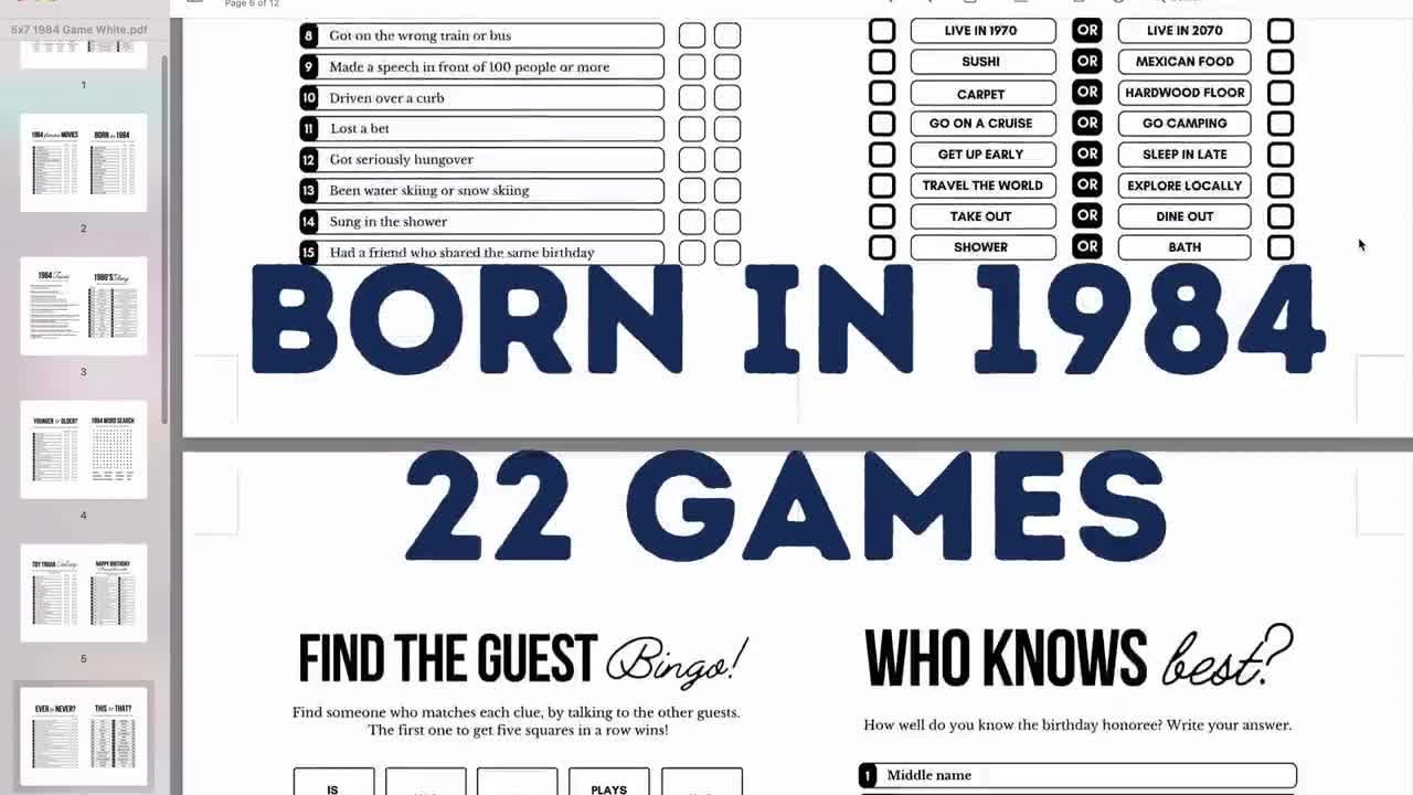 40th Birthday Games, Born in 1984 GAME, 1984 Trivia Game, 1984 Quiz, 22 in  1 BUNDLE, Back in 1984 PRINTABLE