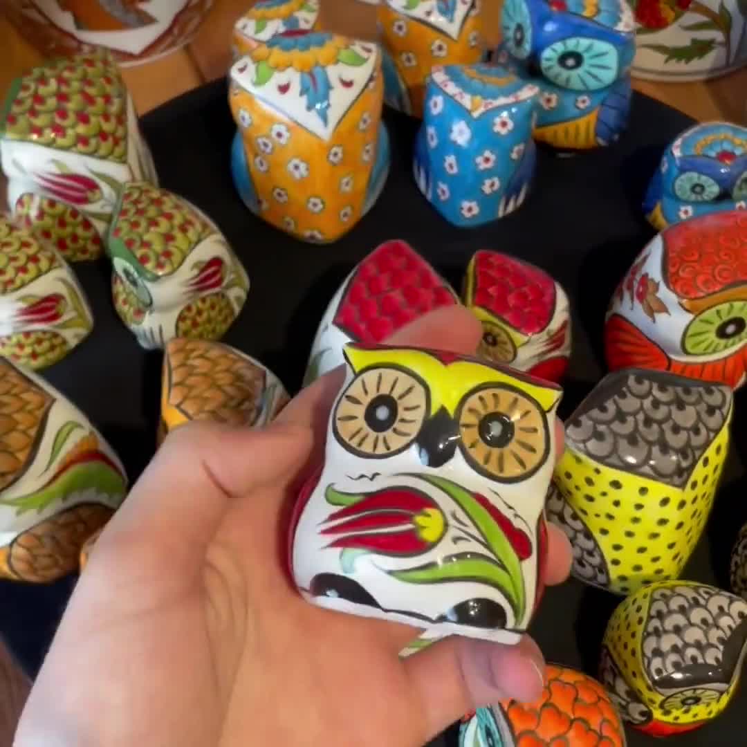 手作りトルコ陶器フクロウの置物3個セット - カラフルな手描きの陶器