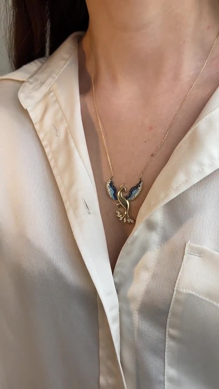 14k Gold Blue Phoenix Bird Necklace, Mother's Day Gift, Gold Phoenix Rising  Necklace, Gift For Her, Rebirth Renewal Necklace