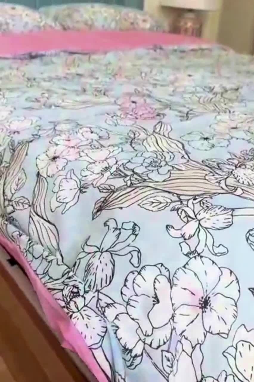 ブルー - ピンクの花柄寝具セット - シングル掛け布団カバー、フィット
