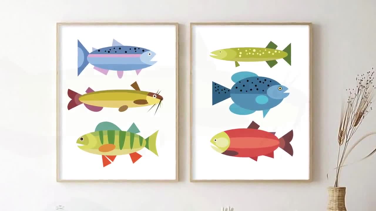 Whimsical Fish Art, Folk Art Fish Posters, Lake House Decor for Wall,  Fishing Decor for Boys Room, Coastal Prints Set of 2, Fly Fishing Gift