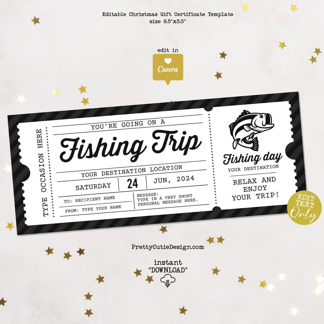 Fishing Gift Certificate Template, Birthday Fishing Trip Ticket Template,  Surprise Trip Ticket Voucher Template, Anniversary Gift For Him