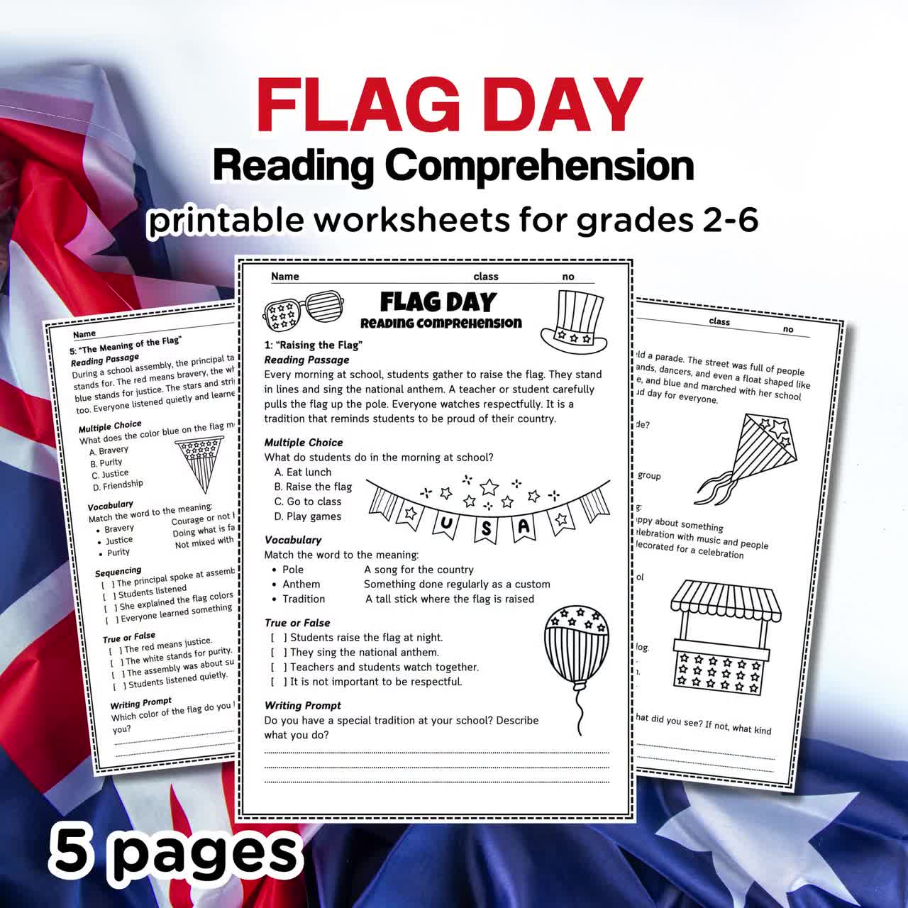 Flag day reading comprehension worksheet: grades 2-6 (pdf download)