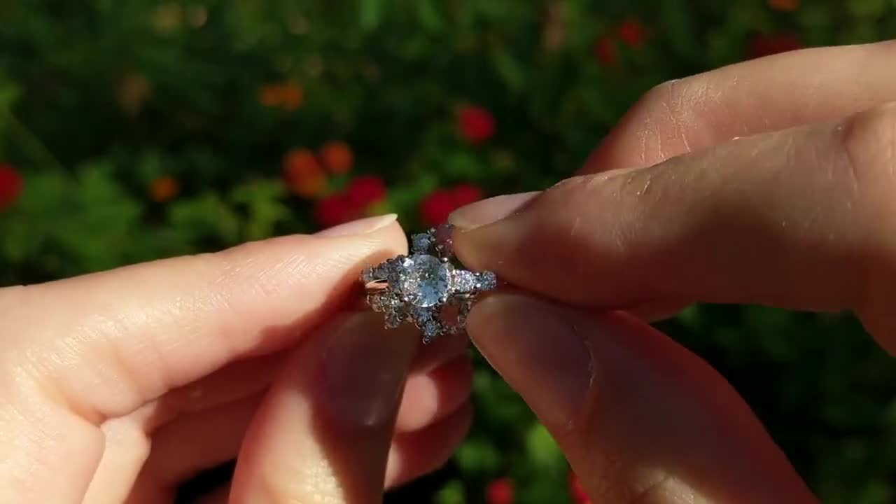 Floral Design Ying Yang Ring Guard and Engagement Ring Bridal Set
