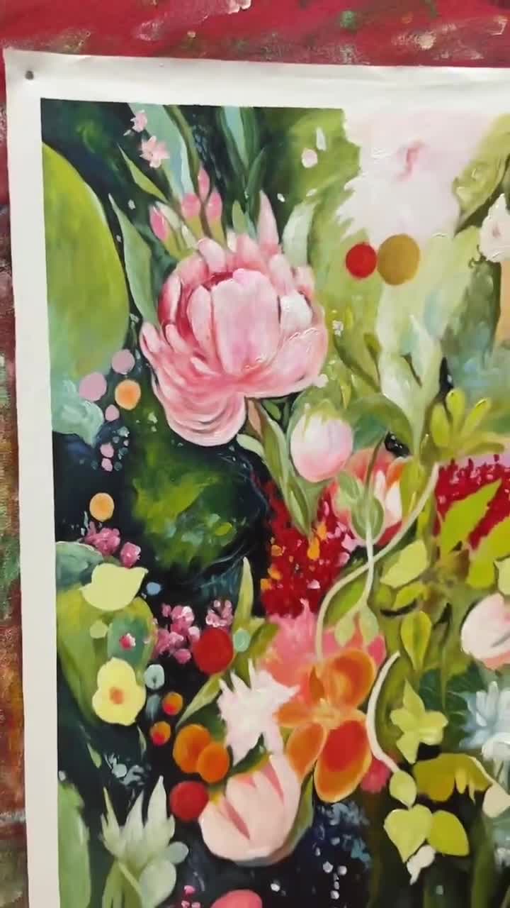 Original Green Flower Oil Painting on Canvas, Abstract