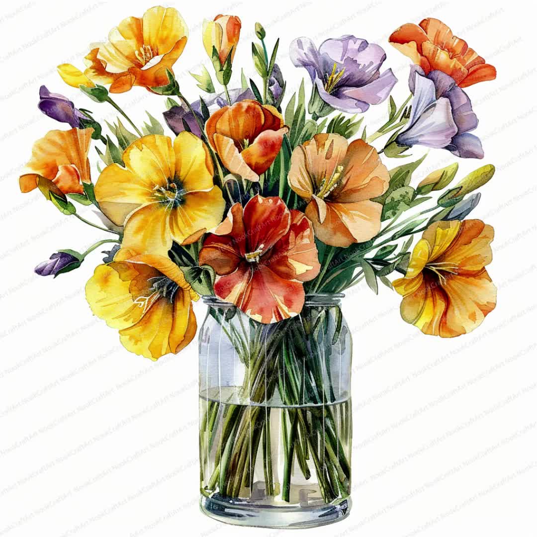 花瓶に入った12の花のクリップアート | 夏の花束 | 印刷可能な水彩画の