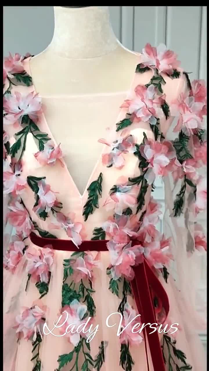 Unique Floral Occasion Dress , Pink Long Sleeve Bridal or Prom