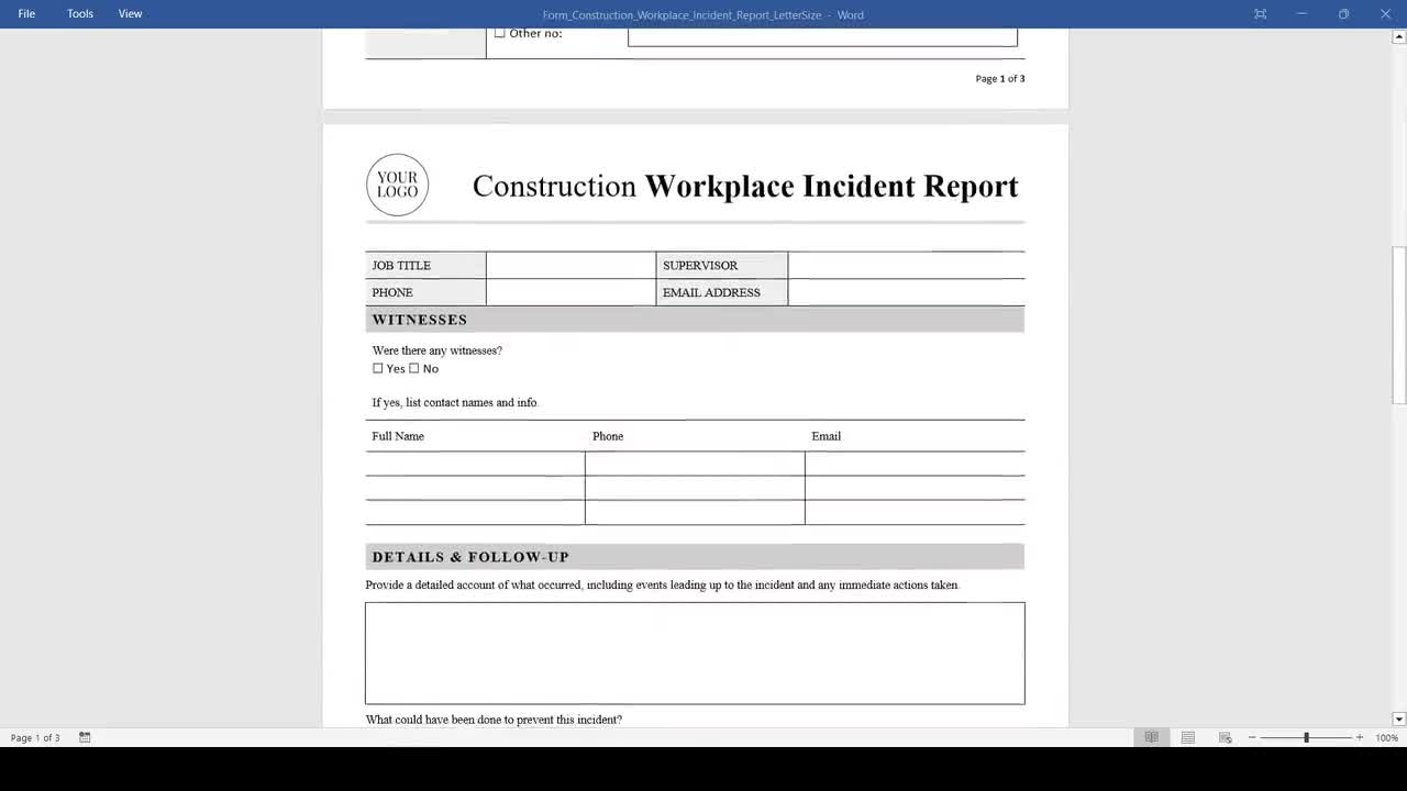 Construction Workplace Incident Report Form (word, PDF), Simple