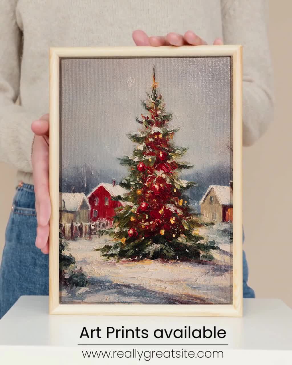 ヴィンテージのクリスマスツリーの絵画、華やかな冬の風景画、素朴な