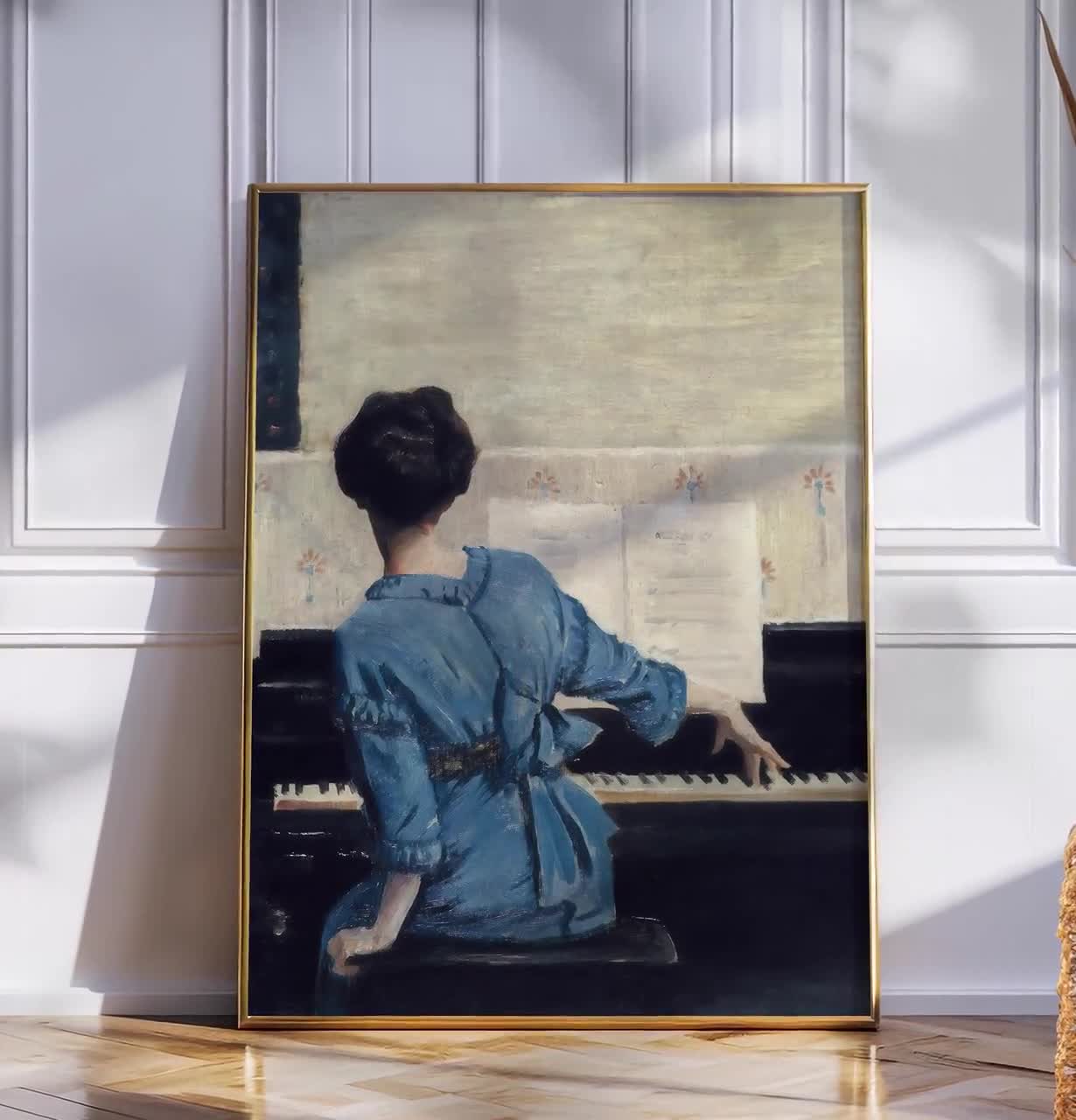 ピアノを弾く女性のヴィンテージ絵画、音楽の壁アート、ガーリーな