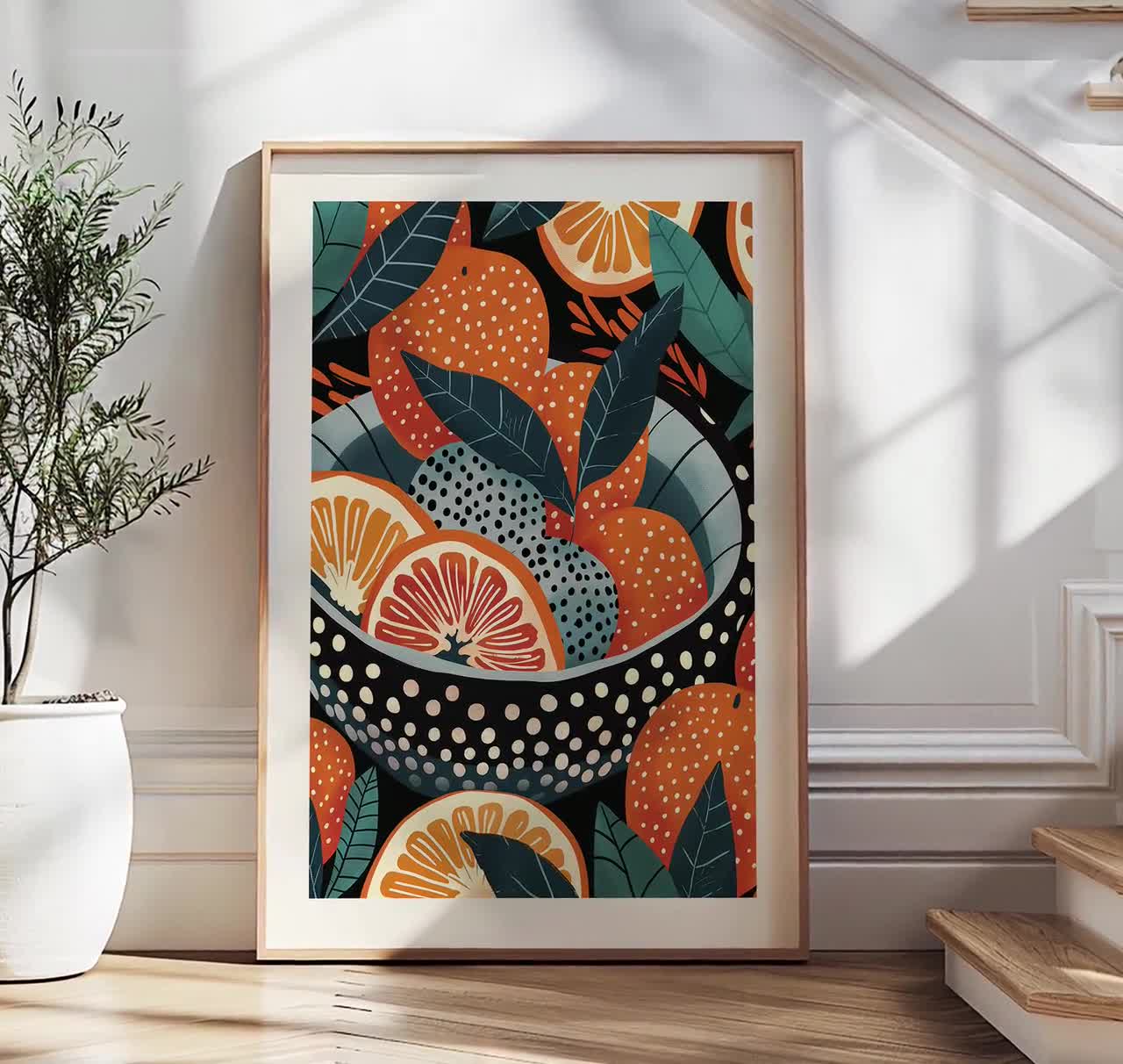 Modern Citrus Kitchen Print: Bowl of Oranges Still Life With Teal