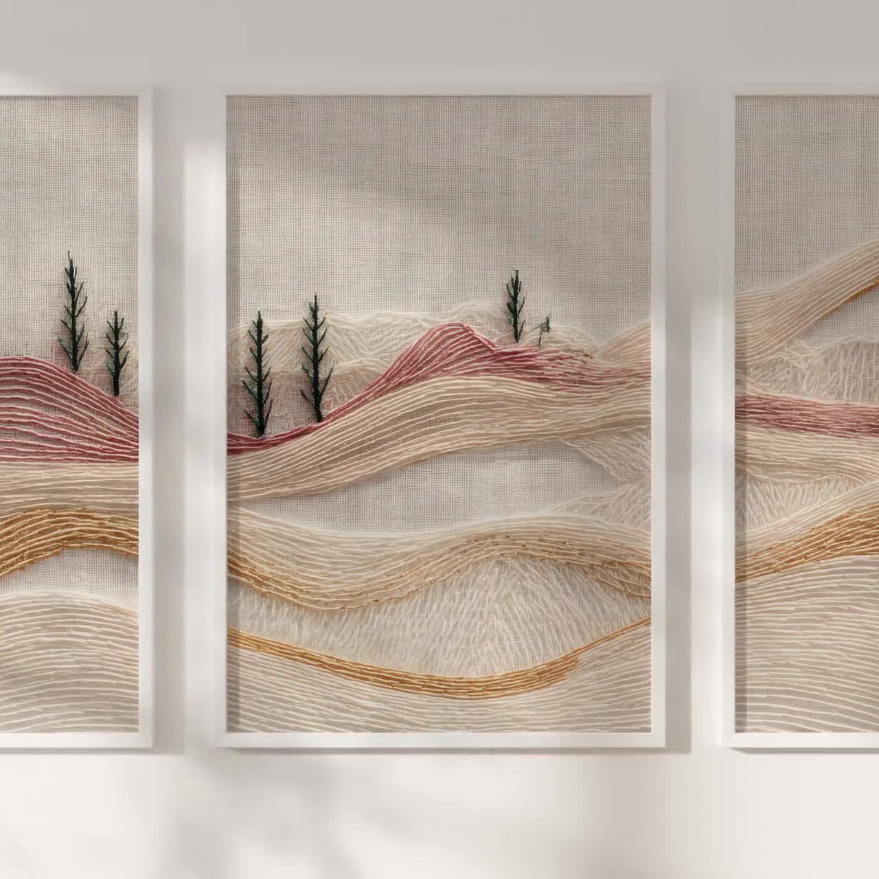 Japandi Beige Terracotta Wall Art Set: Embroidery Texture Triptych