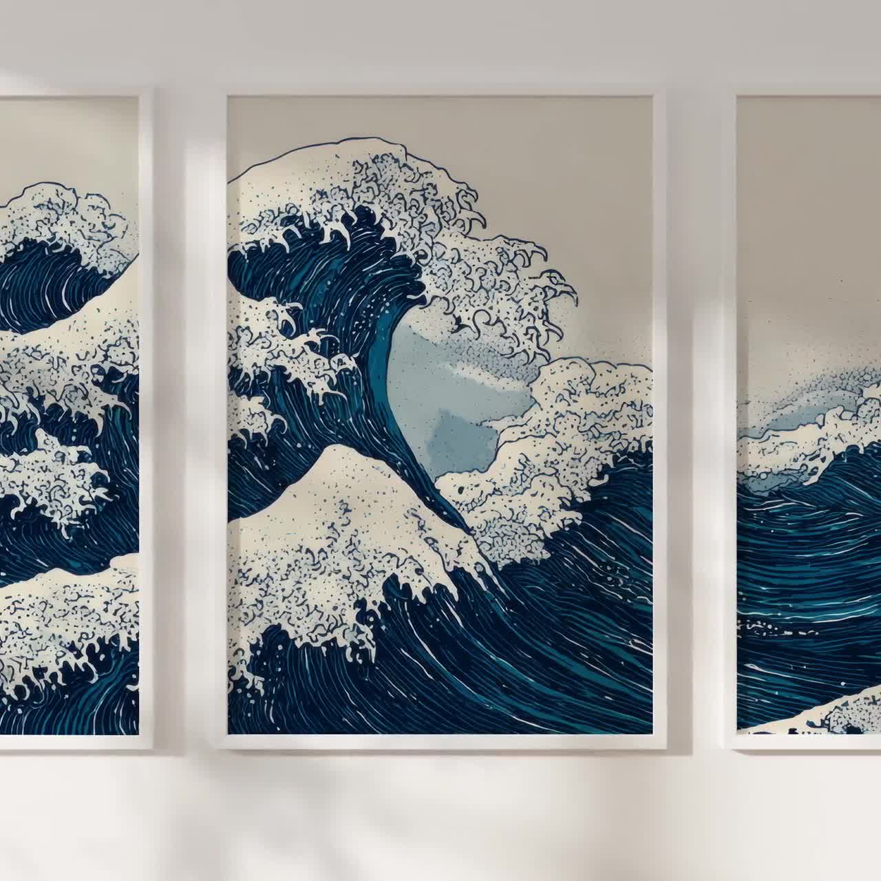 Blue Waves Japandi Triptych Wall Art, Japanese Ocean Poster Set of