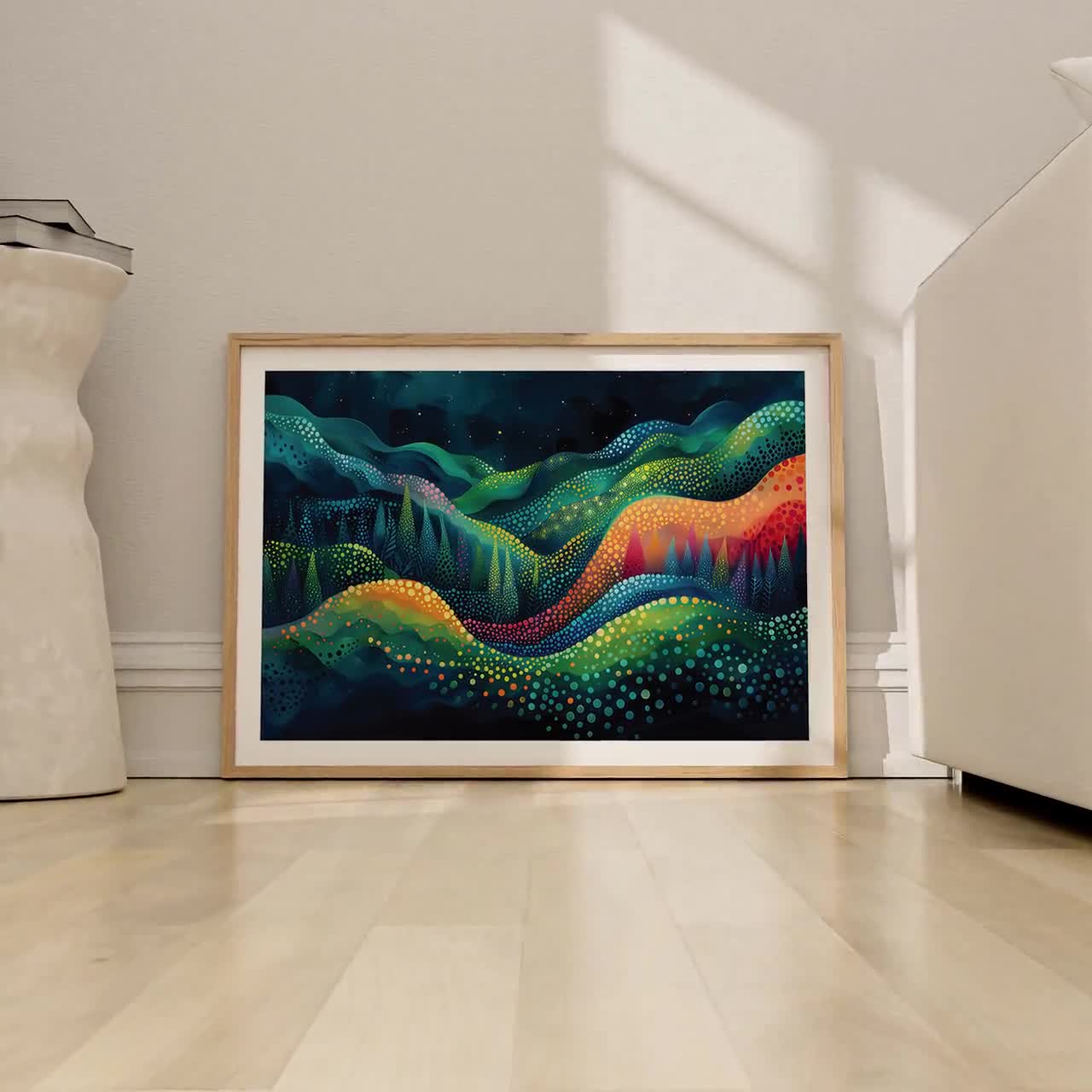 抽象的な山の風景画：日本の波の芸術、緑とオレンジ - Etsy 日本