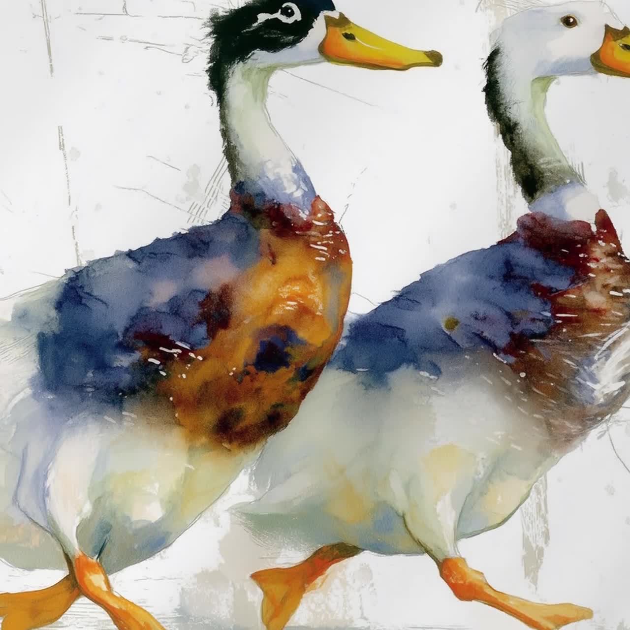 走るアヒルの水彩画アートプリント - アヒルの壁飾り、素朴なコテージ