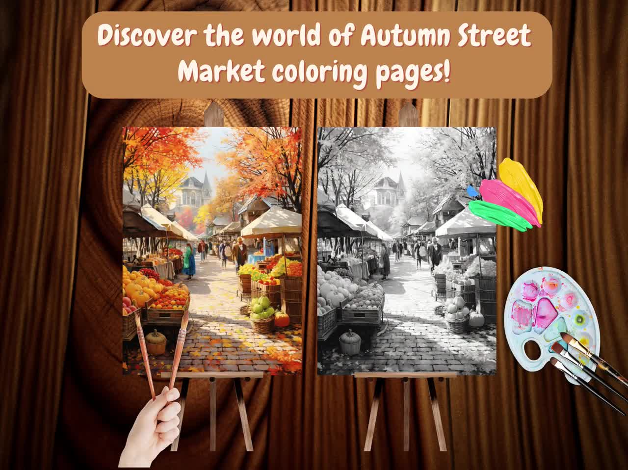 Autumn Street Markets Grayscale Coloring Pages for Adults, Printable PDF  File Instant Download