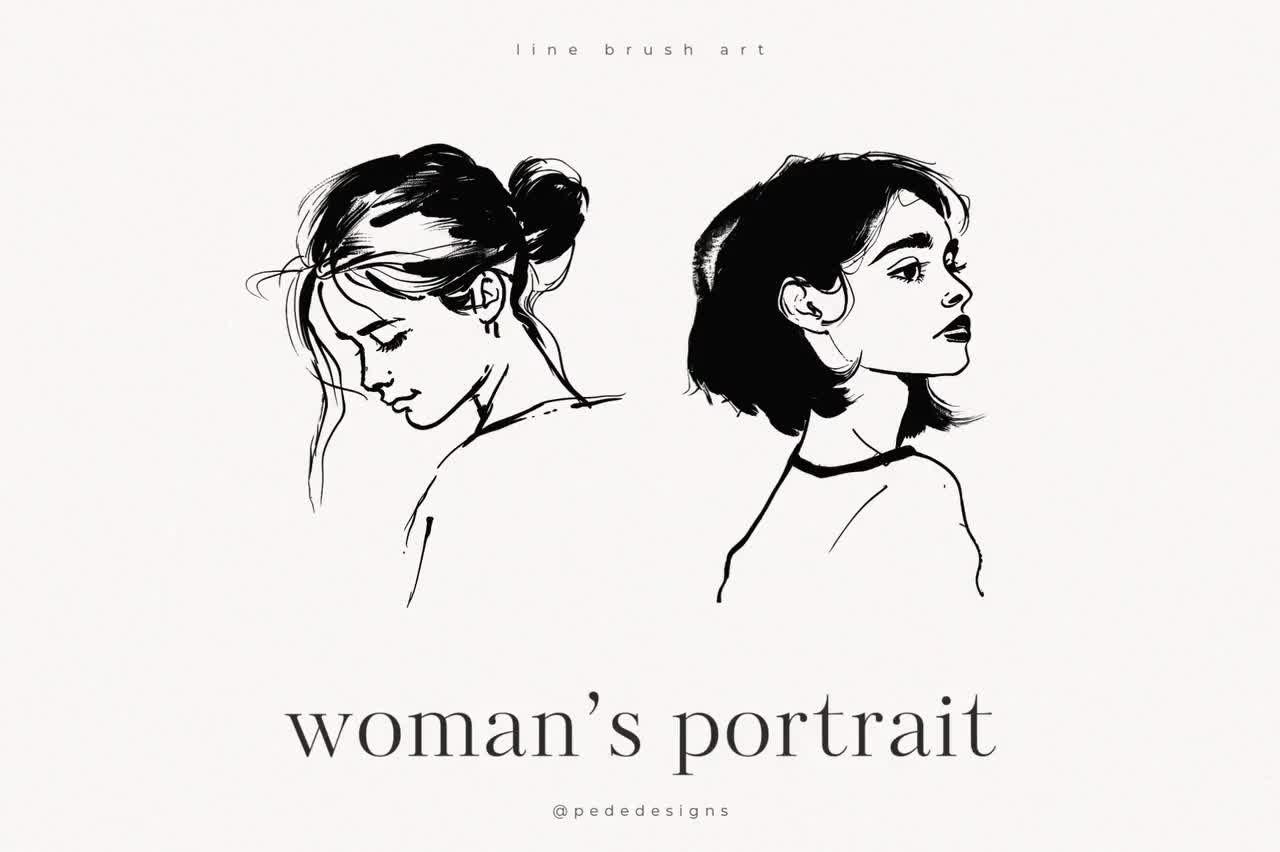 ラインブラシアート、女性の肖像画、女の子のイラスト、SVGファイル