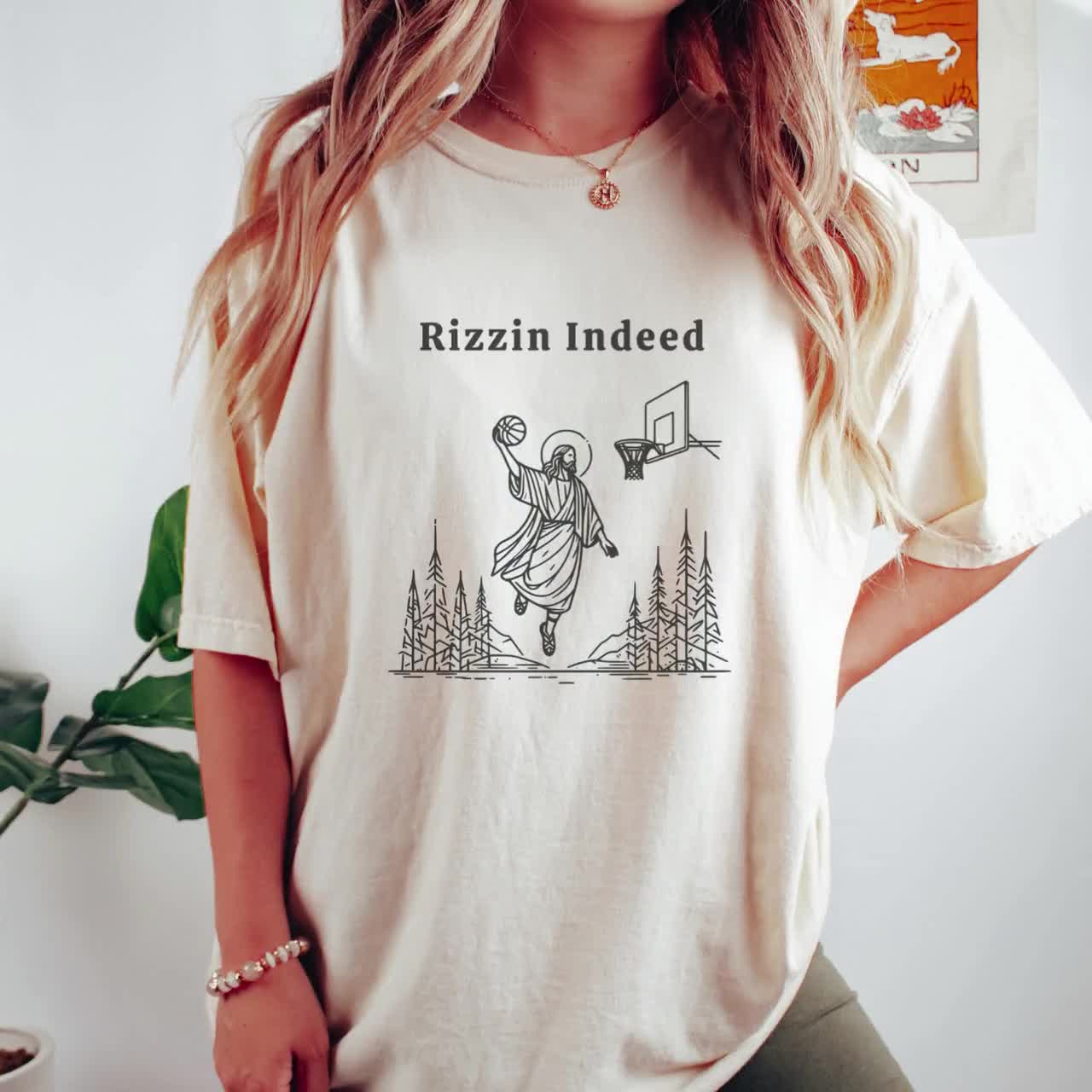 Rizzin Indeed Funny Easter Shirt of Jesus Playing Basketball He is Risen Indeed Meme Shirt Unisex Cotton Shirt