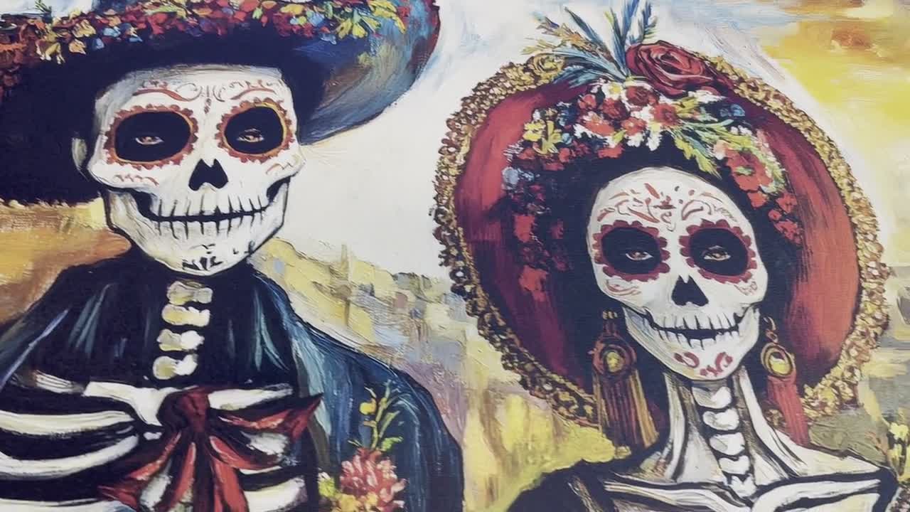 メキシコの骸骨のカップル、スマートな服を着て油絵に描かれている