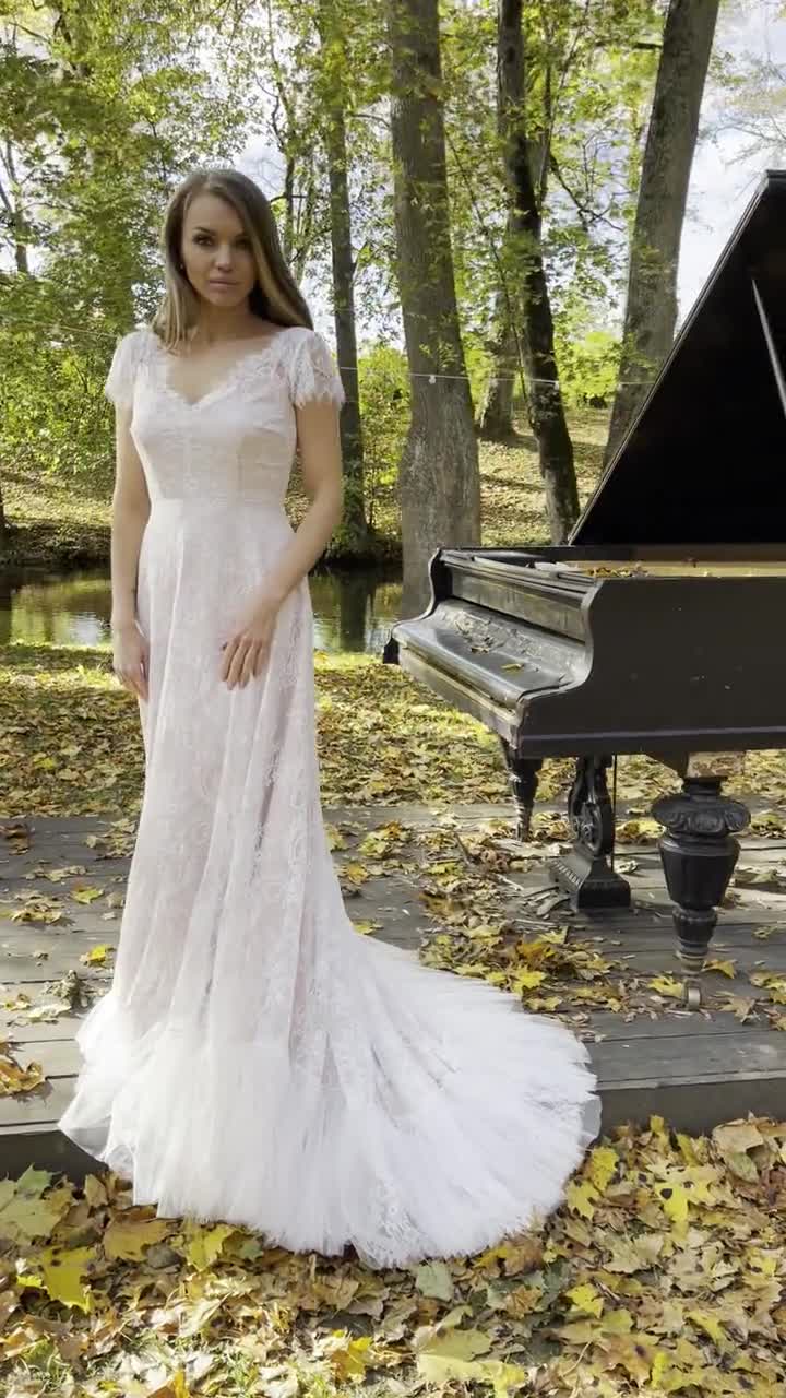Beige Delicate Lace Wedding Dress/ Bohemian Lace Wedding Dress