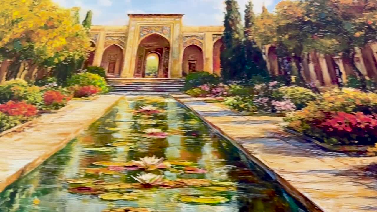 イラン、シラーズのエラム庭園の油絵風キャンバスプリント、ペルシャ