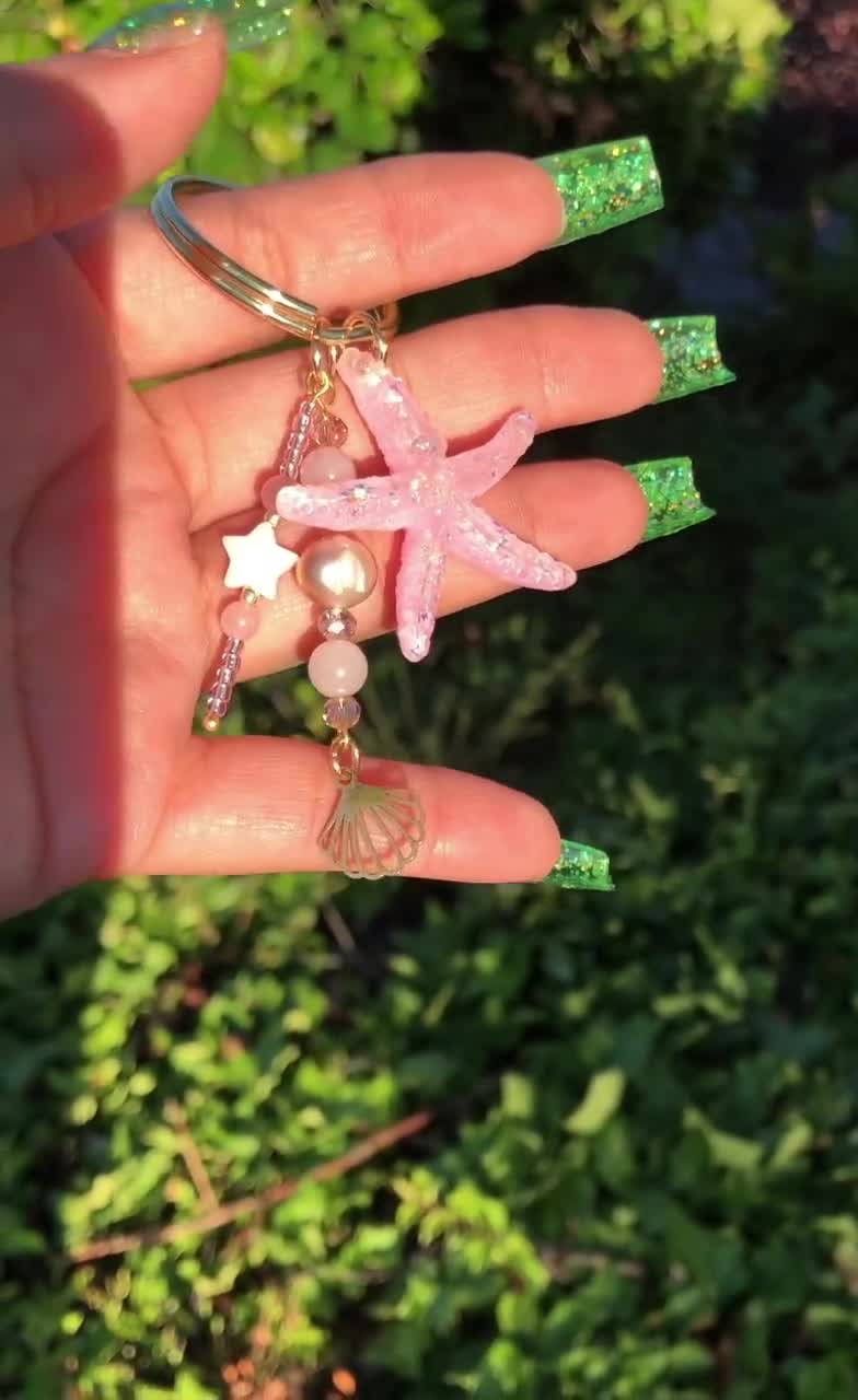 Ocean Starfish & Shell Keychain - Pink Pearl With Gold Accent Smile Face - Seaside Nautical Charm For Keys Or Bag (2.5"x3.74")