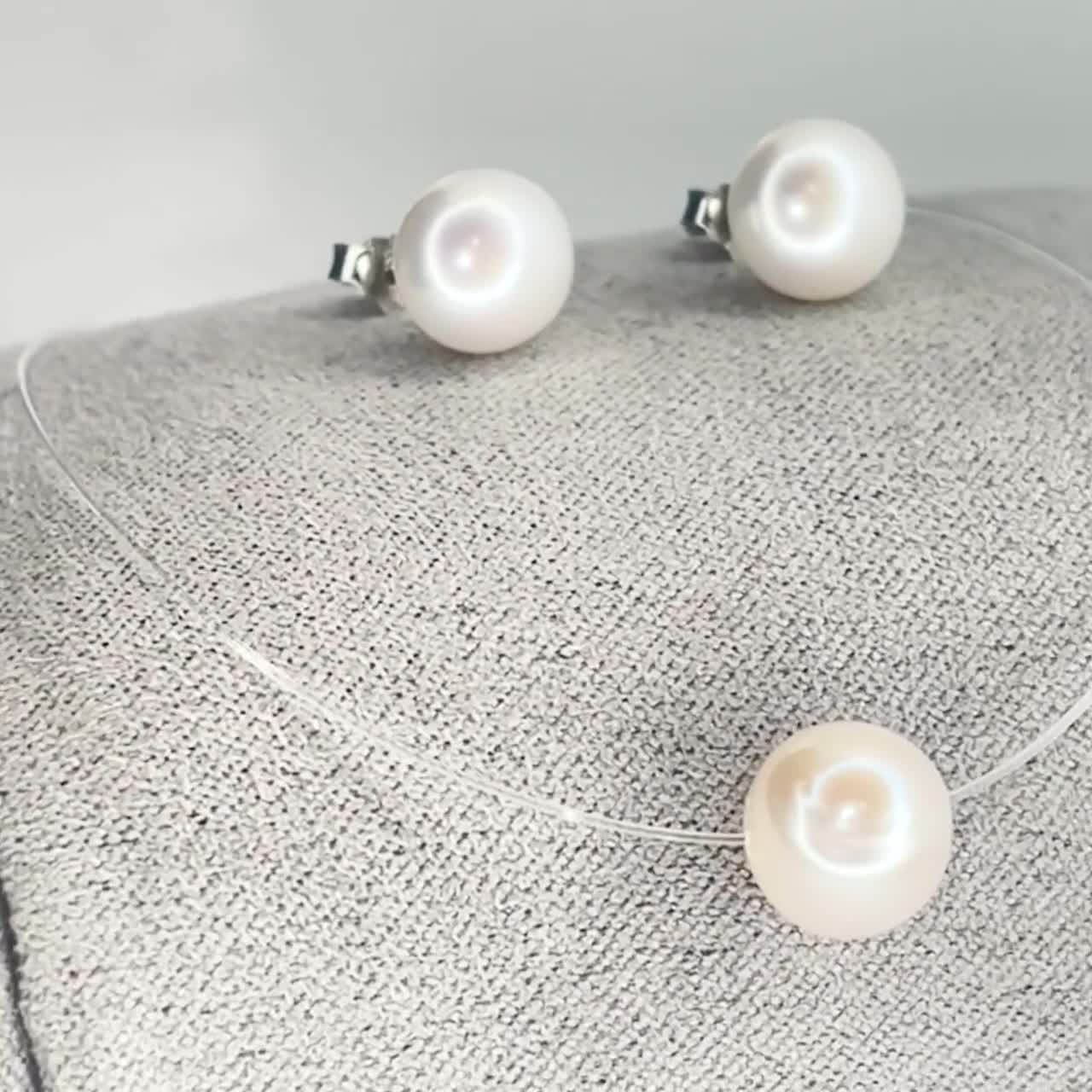 Genuine Pearl Set 925 Silver Transparent Necklace and Earrings