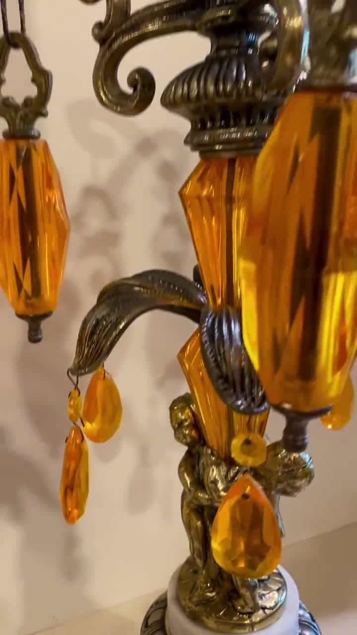PAIR of 1960s Loevsky & Loevsky Cherub Lamps: Amber Lucite, Brass