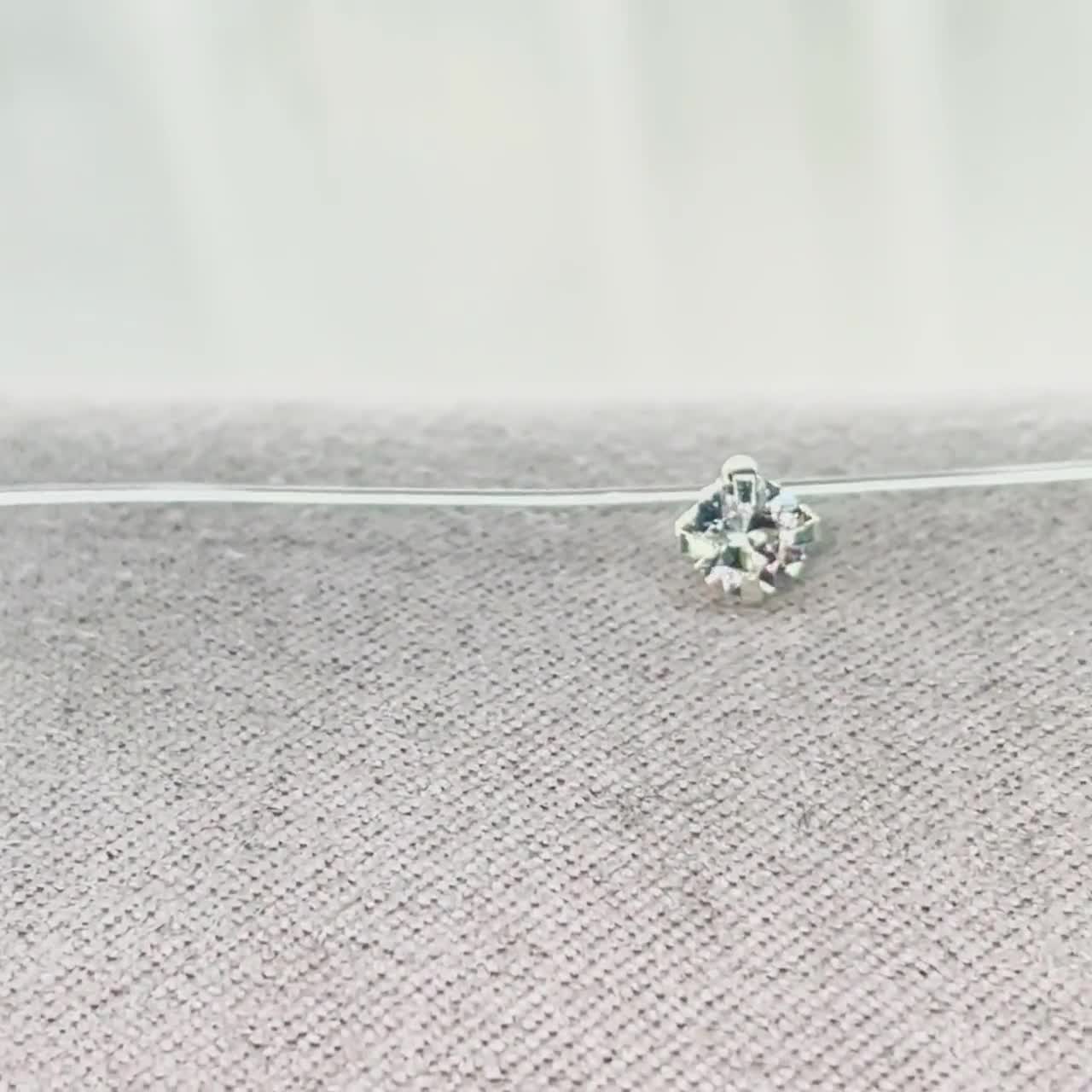 Invisible Necklace - Mini Swarovski Elements Crystal 4mm Solitaire Pendant - 925 Silver - Transparent Nylon Thread Choker - Small