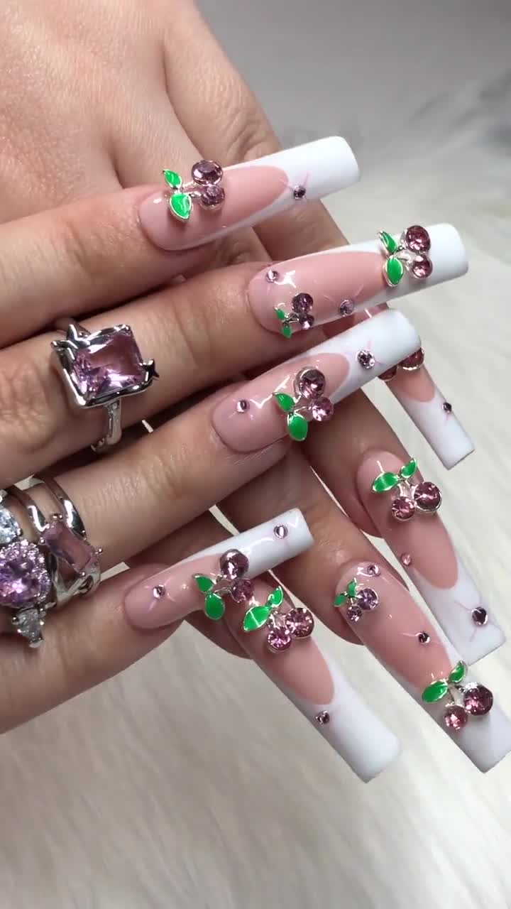 White French Tip Press on Nails With Cherry Charms and Pink