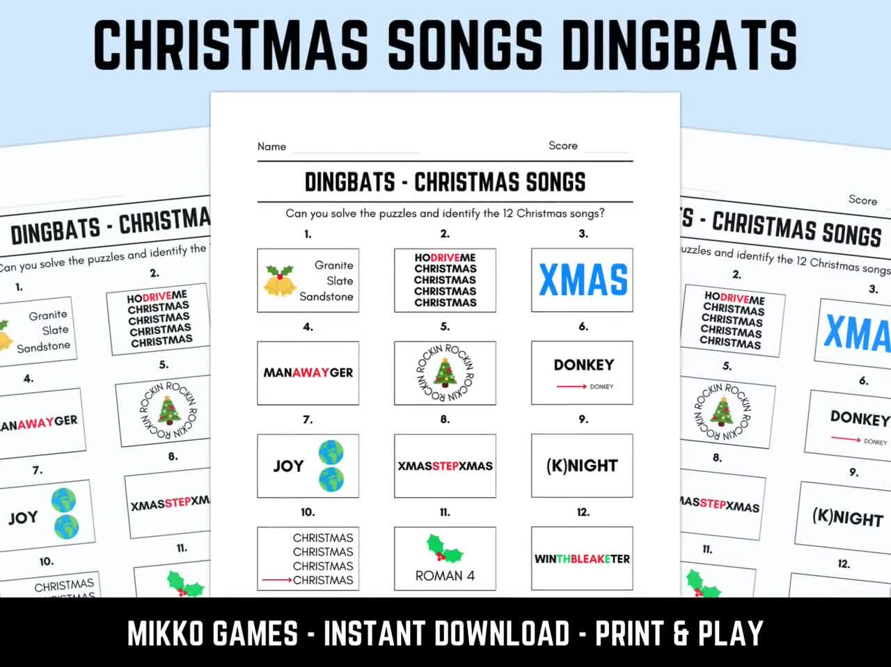 printable christmas songs dingbats picture quiz with answers: downloadable  xmas rebus puzzles, pub quiz sheets, family game night