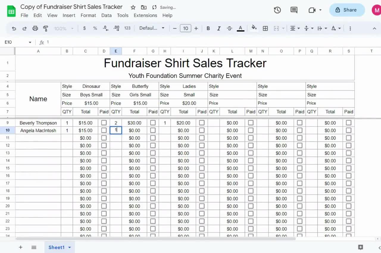 T shirt sales spreadsheet top