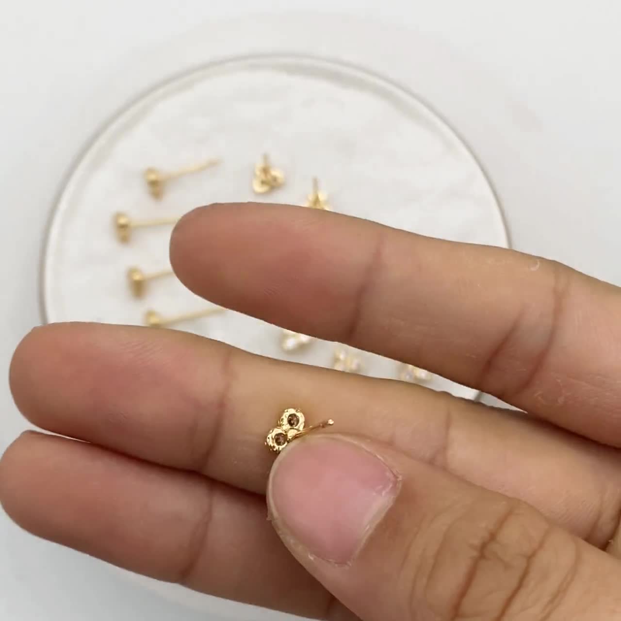 4pcs CZ Pave Three Dot Trio Stud Earring, Gold Plated Brass