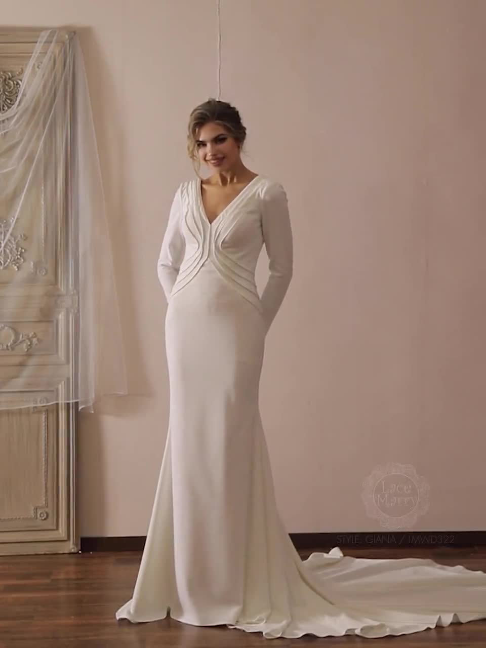 GIANA / Ivory Minimalist Wedding Dress: Long Sleeves, V Neck, Open