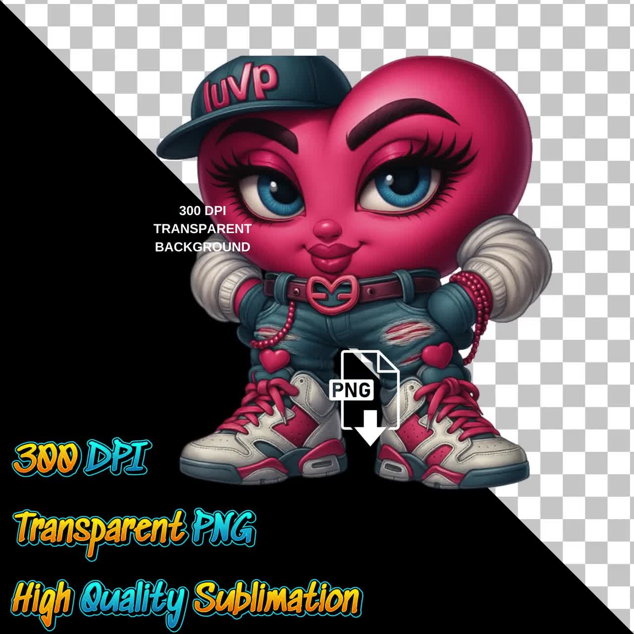 Urban Gangster Heart PNG: Streetwear Digital Design (Transparent), image size:1280x1280