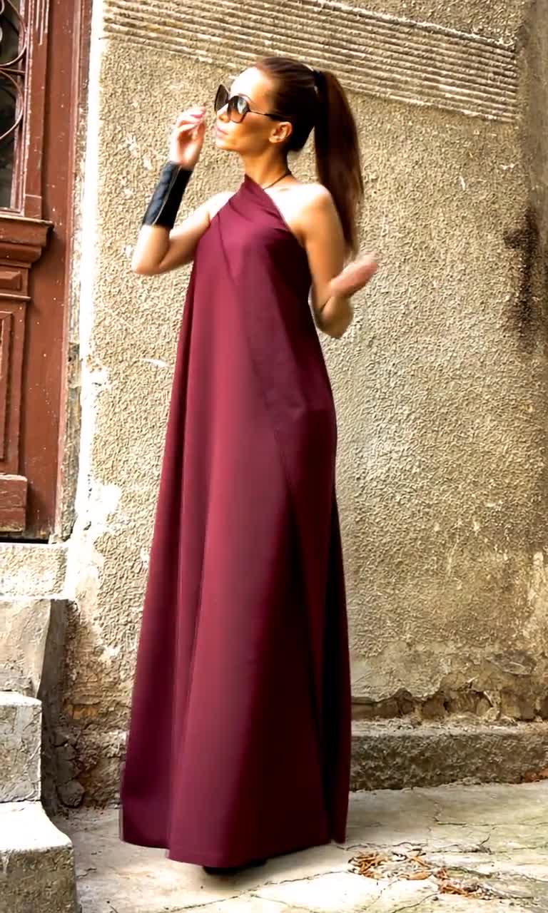 Linen Burgundy Dress, Maxi Dress, Kaftan Linen Dress / One