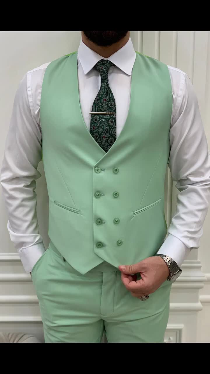 Men Suits Green 3 Piece Slim Fit Two Button Wedding Groom Party Wear Coat  Pant, Peak Lapel Suit, Men Green Suit, Light Green Slim Fit Suit 