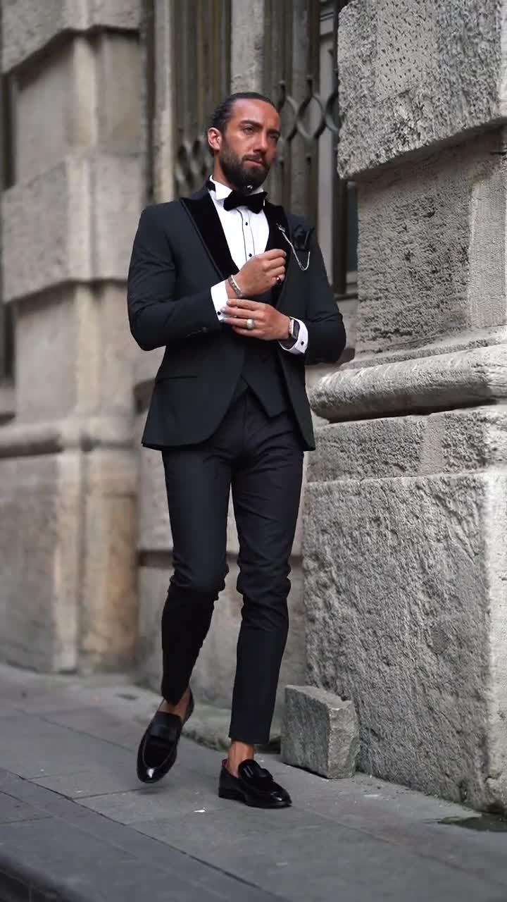 Men's Suits Black 3 Piece Slim Fit One Button Wedding 