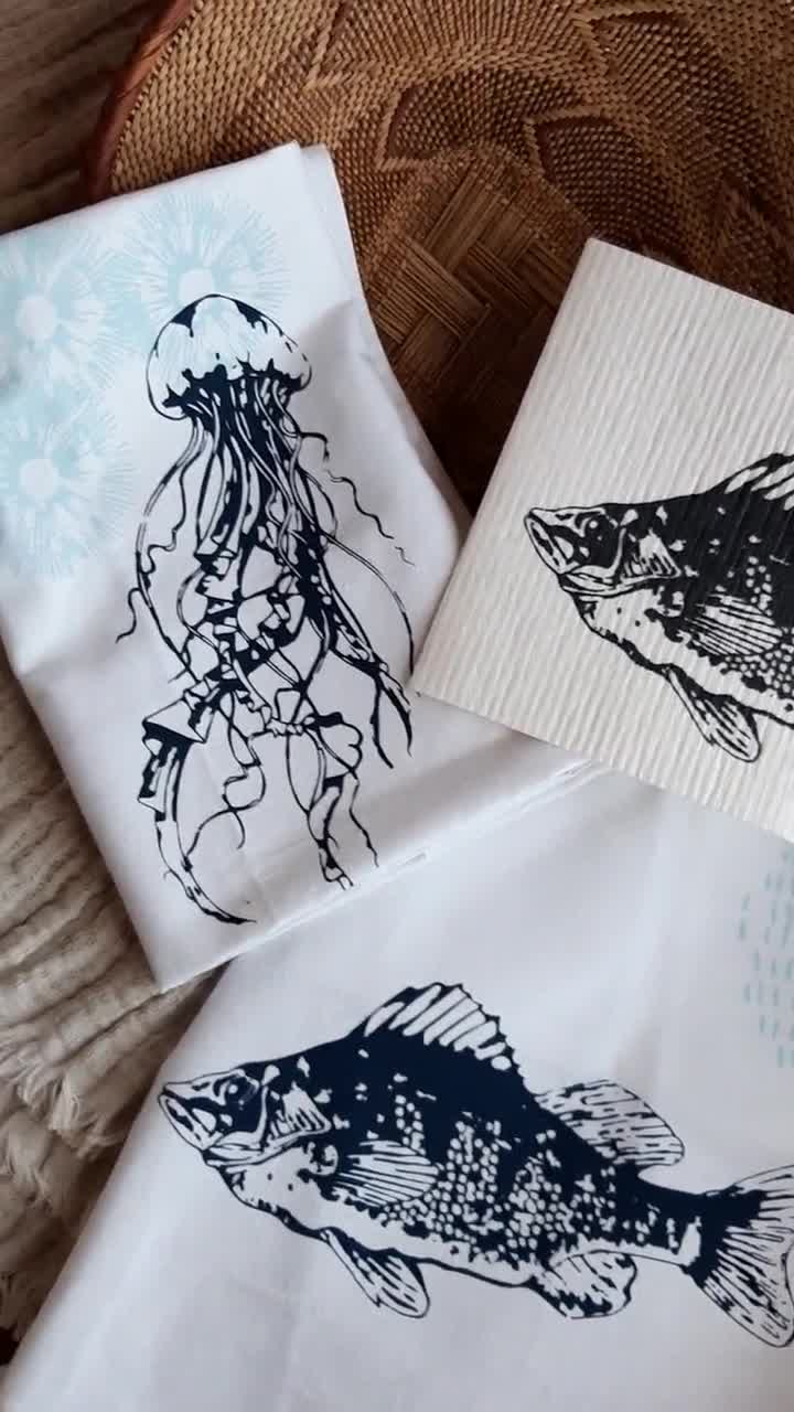 Printed White Tea Towel With Fish Motif, Blue/sage, Half Linen