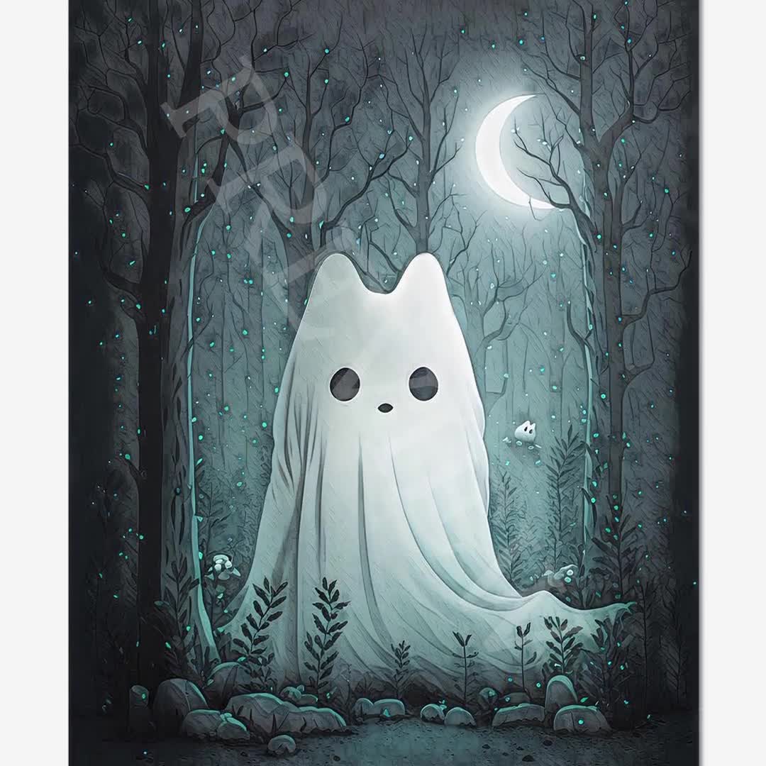 Ghost Cat Blue Wall Art Print // Cute White Cat Ghost Walking in Moonlit  Enchanted Forest with Trees & Fireflies - Gothic Maximalist Decor