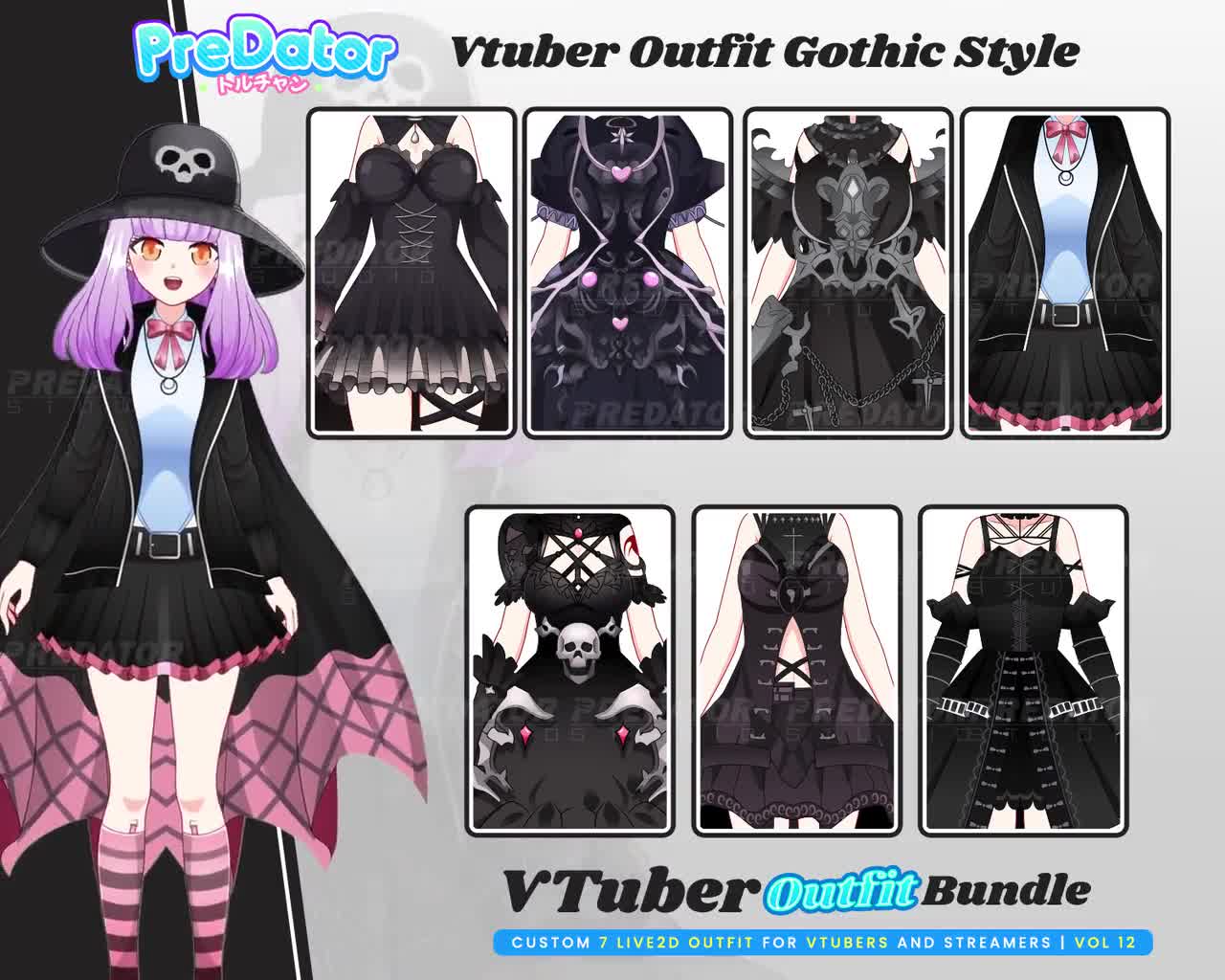 Gothic Live2D Avatar: Complete Vtuber Model with Full Rig, 7 Spooky Outfits  & 3 Expressions