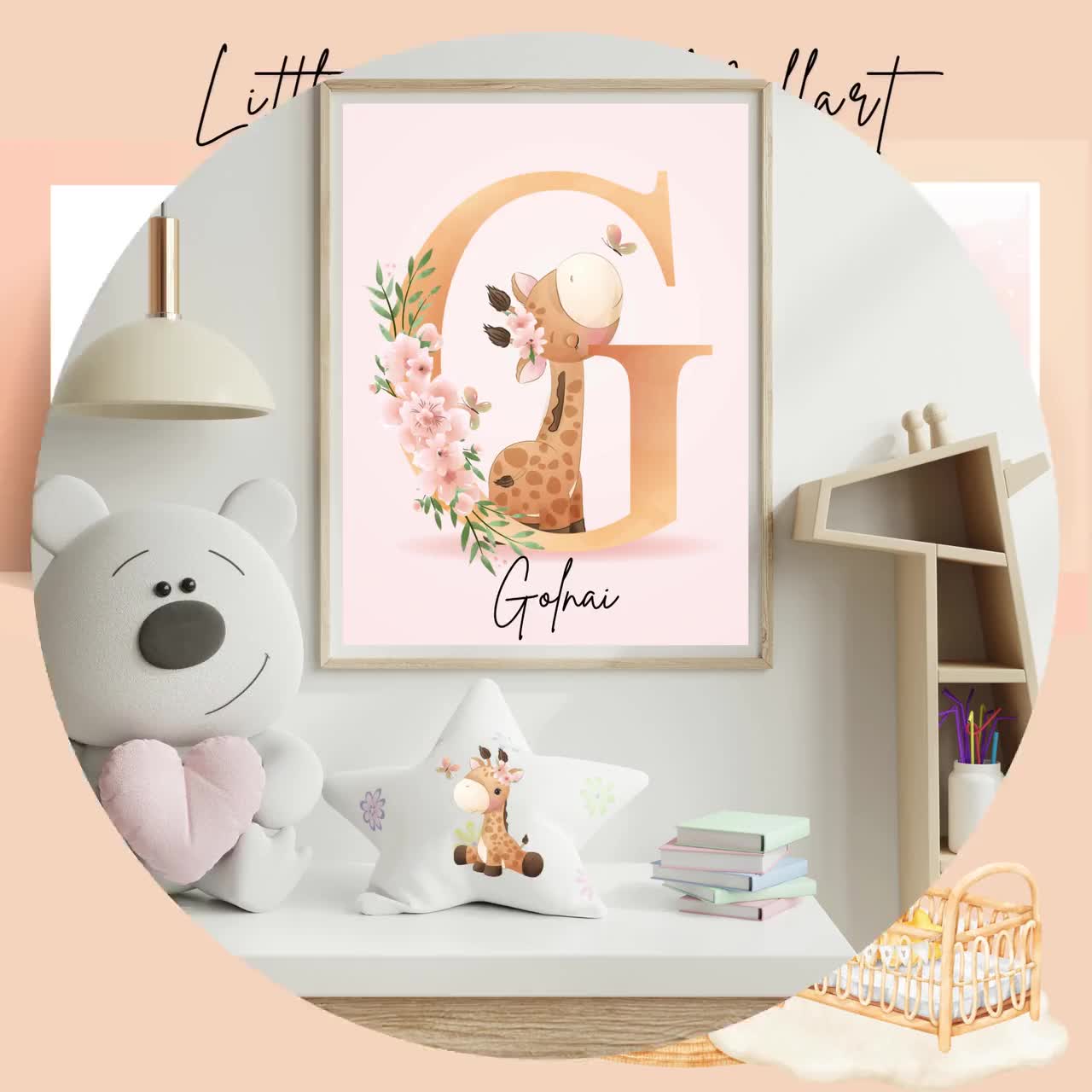 Stampe personalizzate per la cameretta dei bambini con giraffa: decorazioni floreali rosa cipria con animali del safari (download digitale) video poster