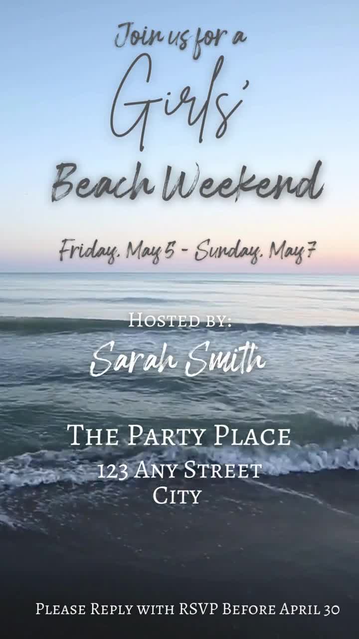 Girls Beach Weekend Animated Digital Invitation, Ocean Coast Summer Party  E-vite, Outdoors Mobile Video Text Invite, Canva Template, image size:720x1280